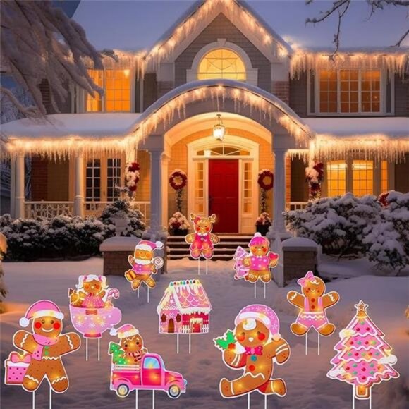 10Pcs Pink Christmas Gingerbread Man Yard Signs with Stakes...